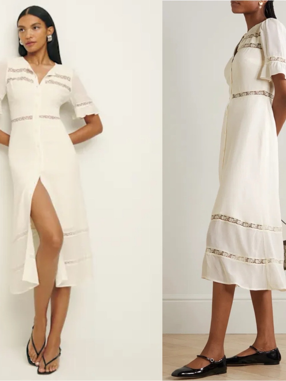 Reformation Woodson Cream Button-Front Midi Dress with Lace Insets